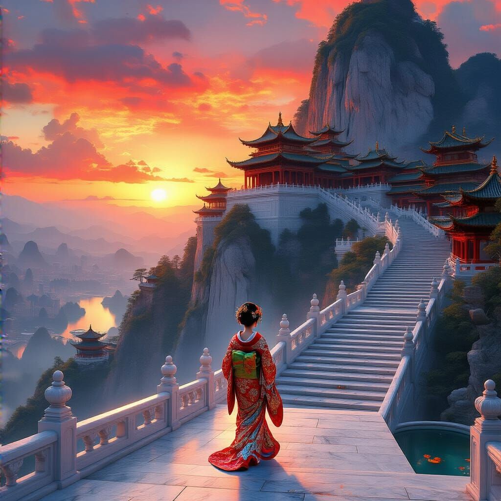 Geisha in Temple City at Sunset: Digital Illustration