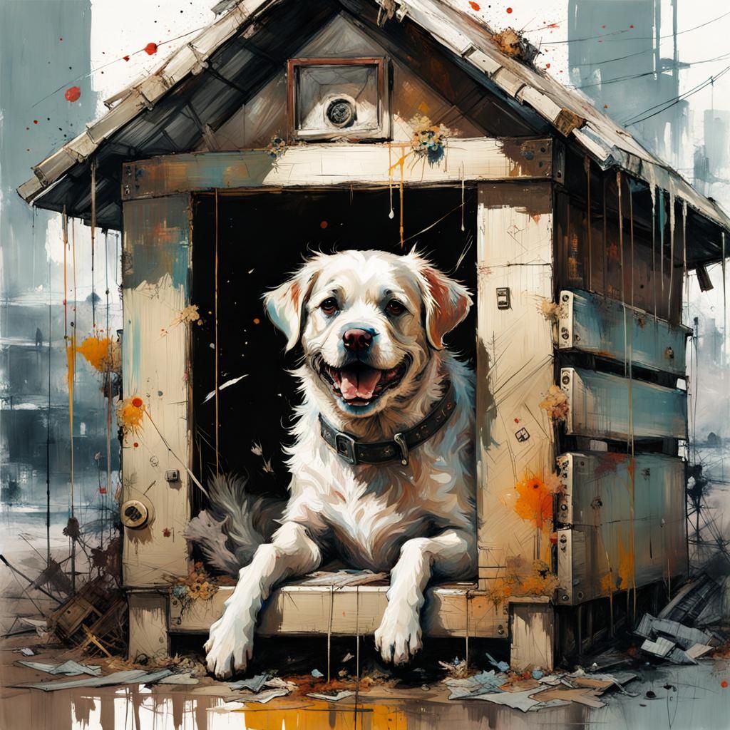 Happy Dog in Bone House: Fine Art Oil Painting