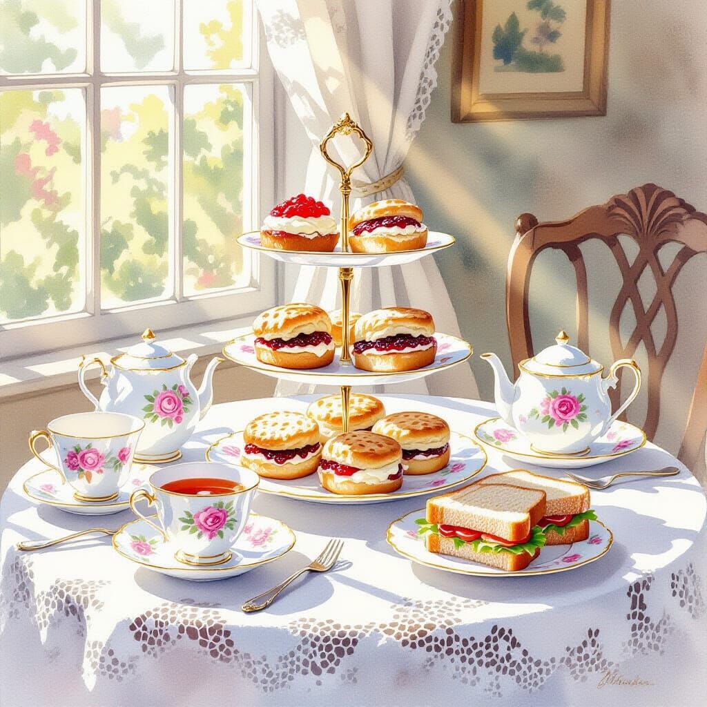 Elegant Afternoon Tea in Watercolor Style