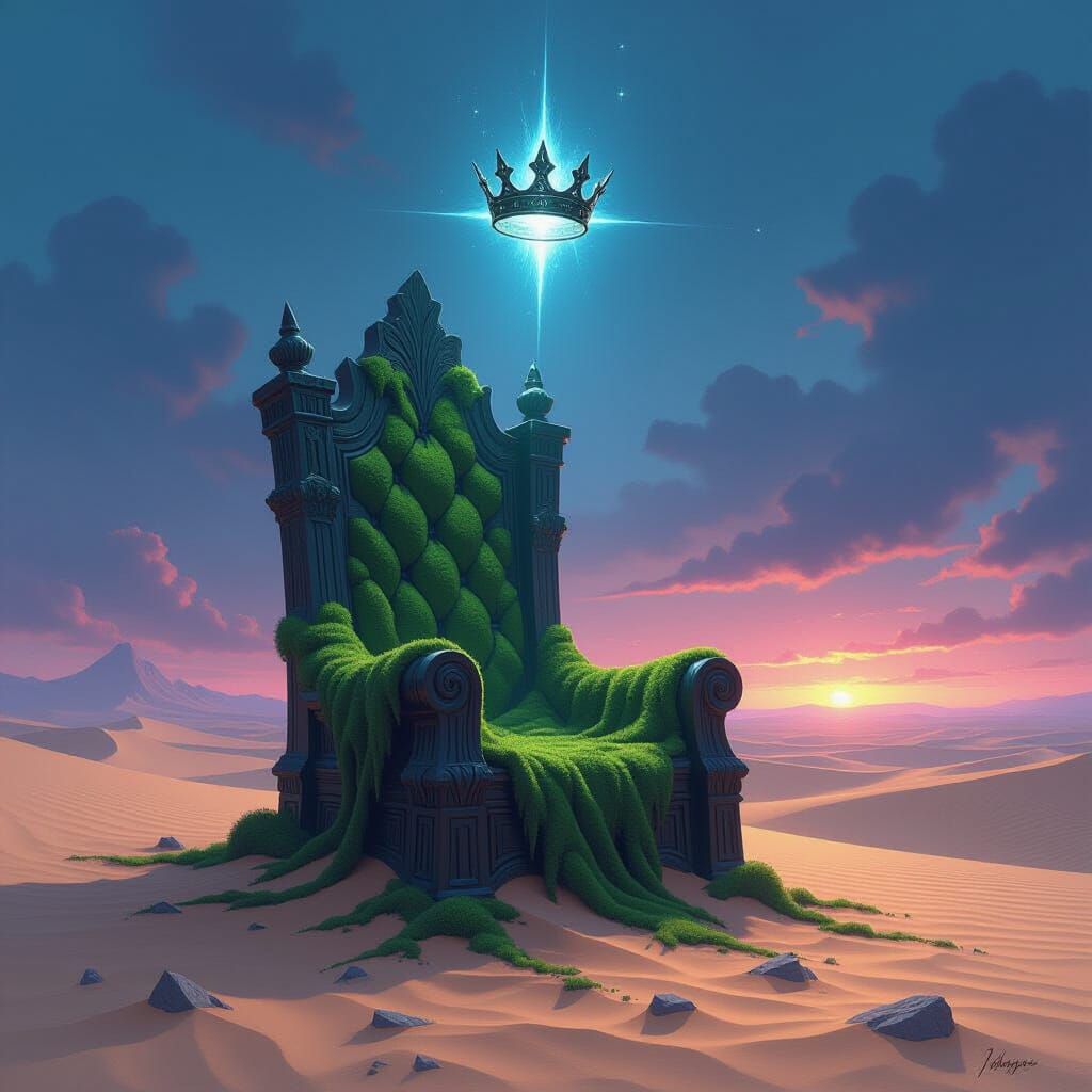 Moss-Covered Throne in Desert at Twilight, Ethereal Glow