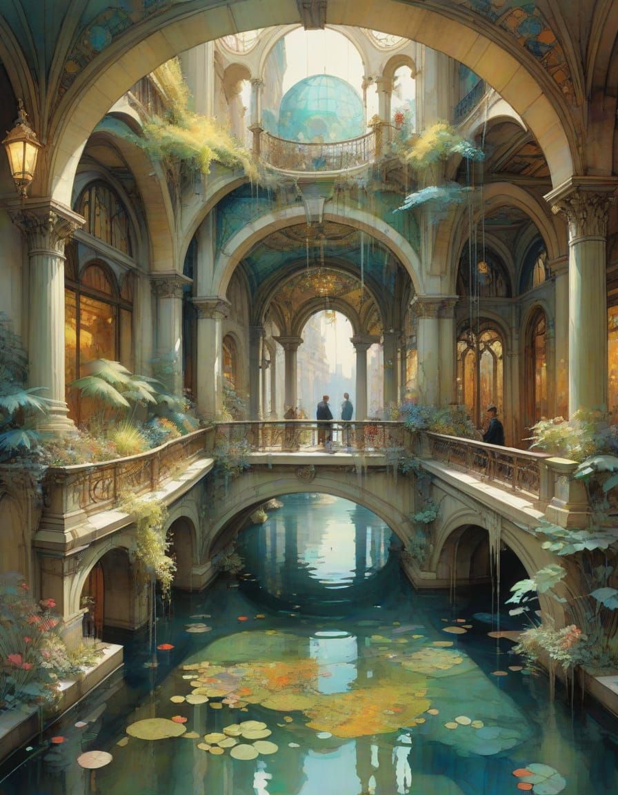 Elaborate Architecture in Art Nouveau Watercolor Style