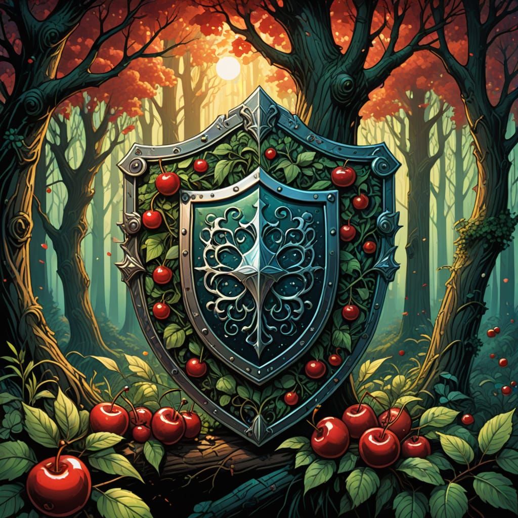 Vibrant Medieval Shield with Lush Forest Scene