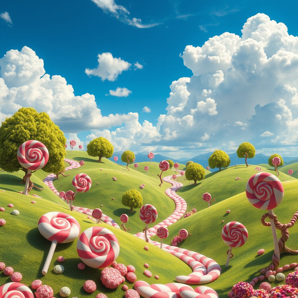 Hyperrealistic Candyland Landscape Inspired by Dreamlike Art