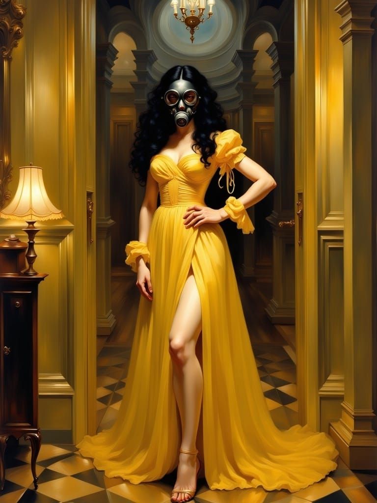 Dramatic Mob Dame in Chiaroscuro Mansion Foyer