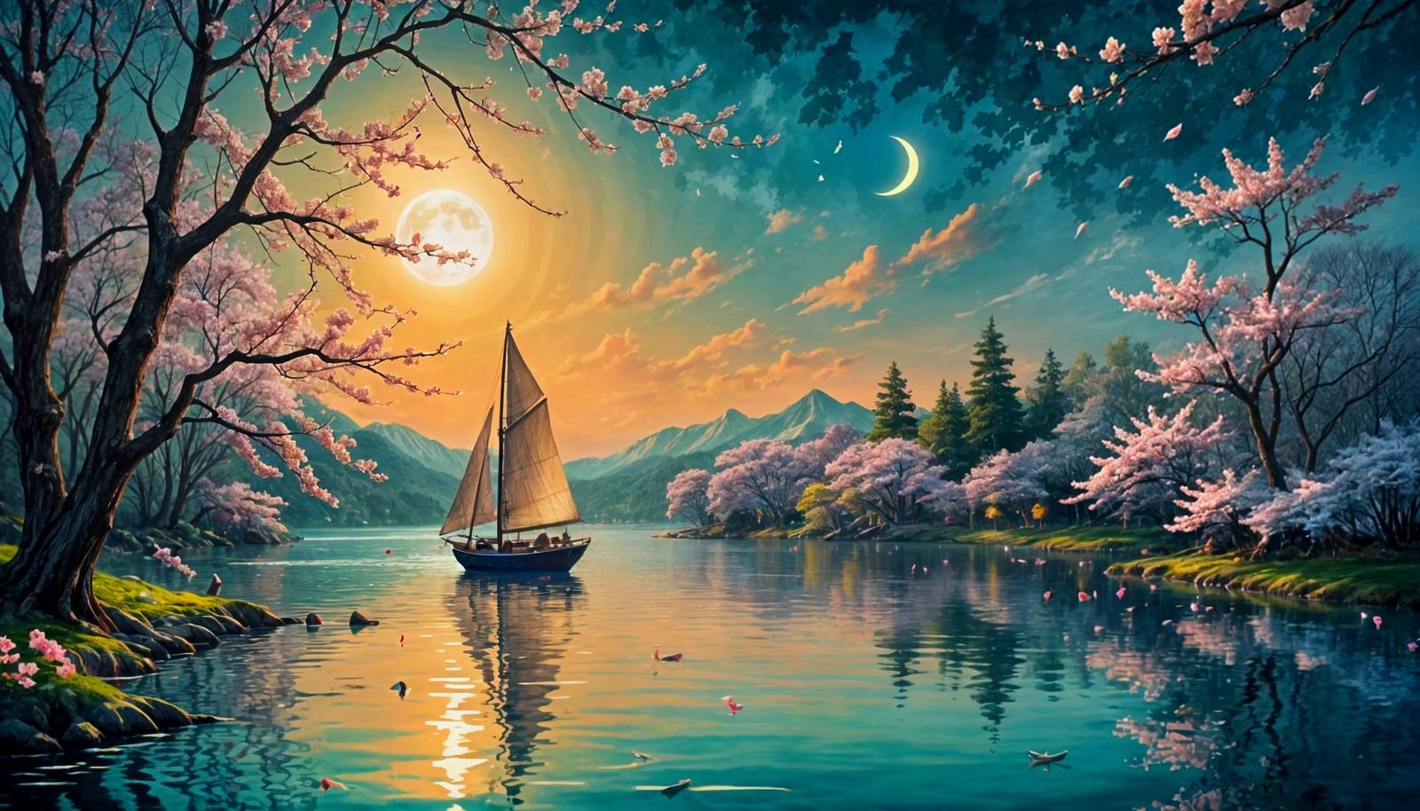 Turquoise Sailboat Drifting on Lake: Sfumato Style