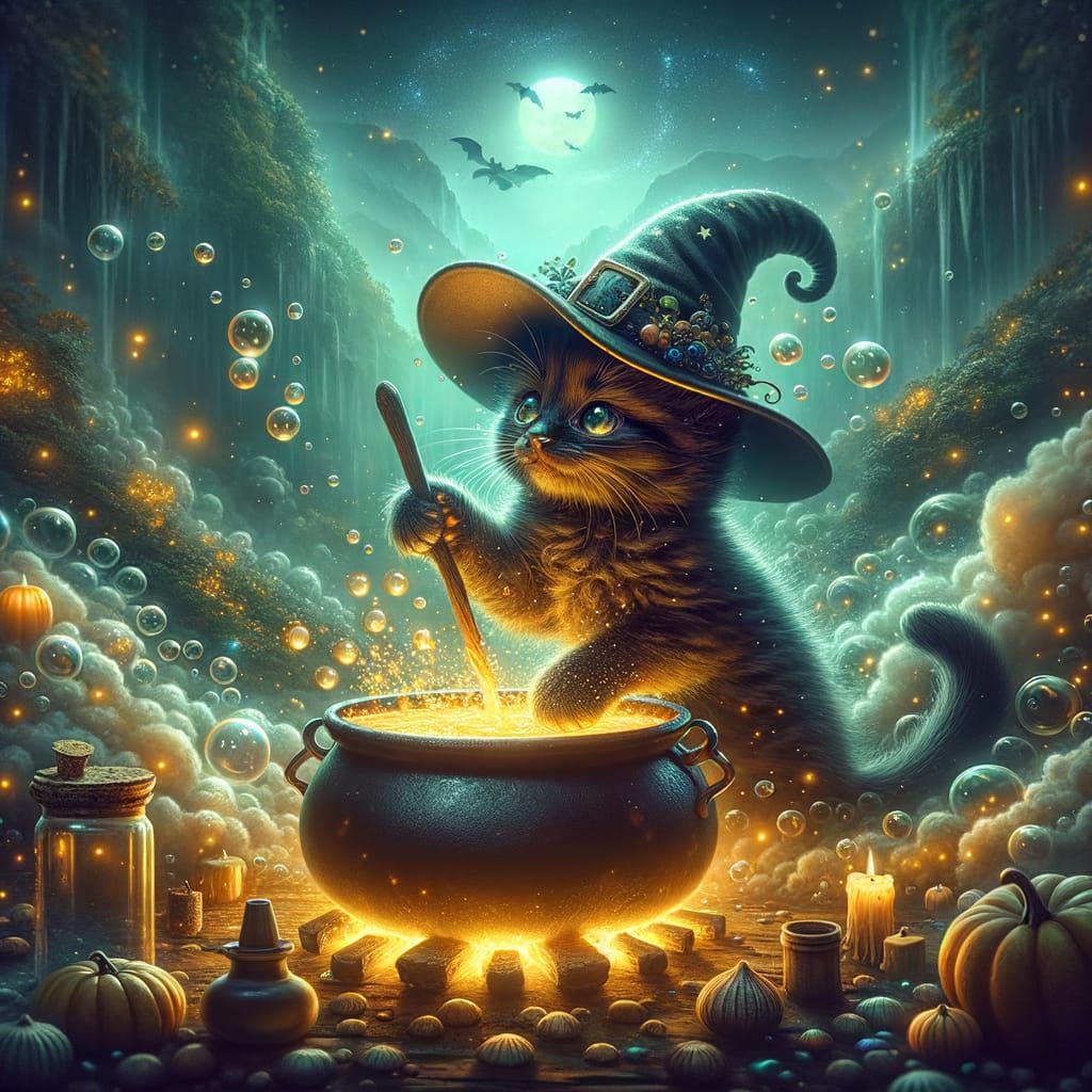 Black Kitten Brews Enchanting Potion in Fantasy Scene