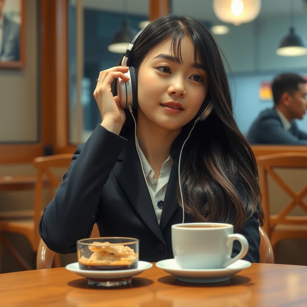 Japanese Girl Listening to Music in Cafe: 8K