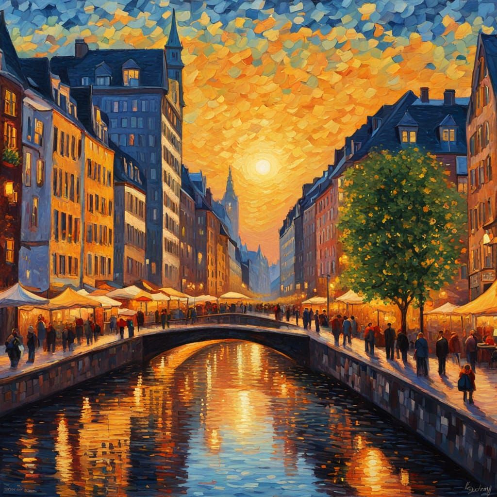 Expressionist Dusseldorf Cityscape at Golden Hour