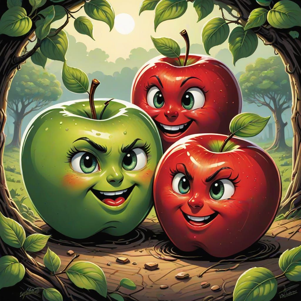 Quirky Apple Portraits in Comic Book Style