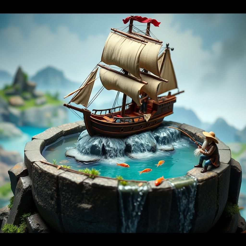 3D miniature pirate ship placed in a large basin filled with water