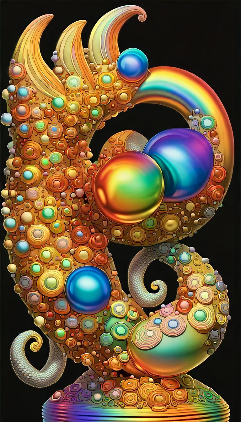 Iridescent Cornucopia Emitting Rainbow Spheres, Digital Art