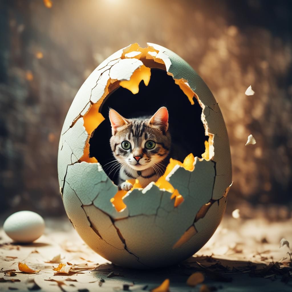Cute Kitten Emerges from Cracked Egg: Cinematic Still