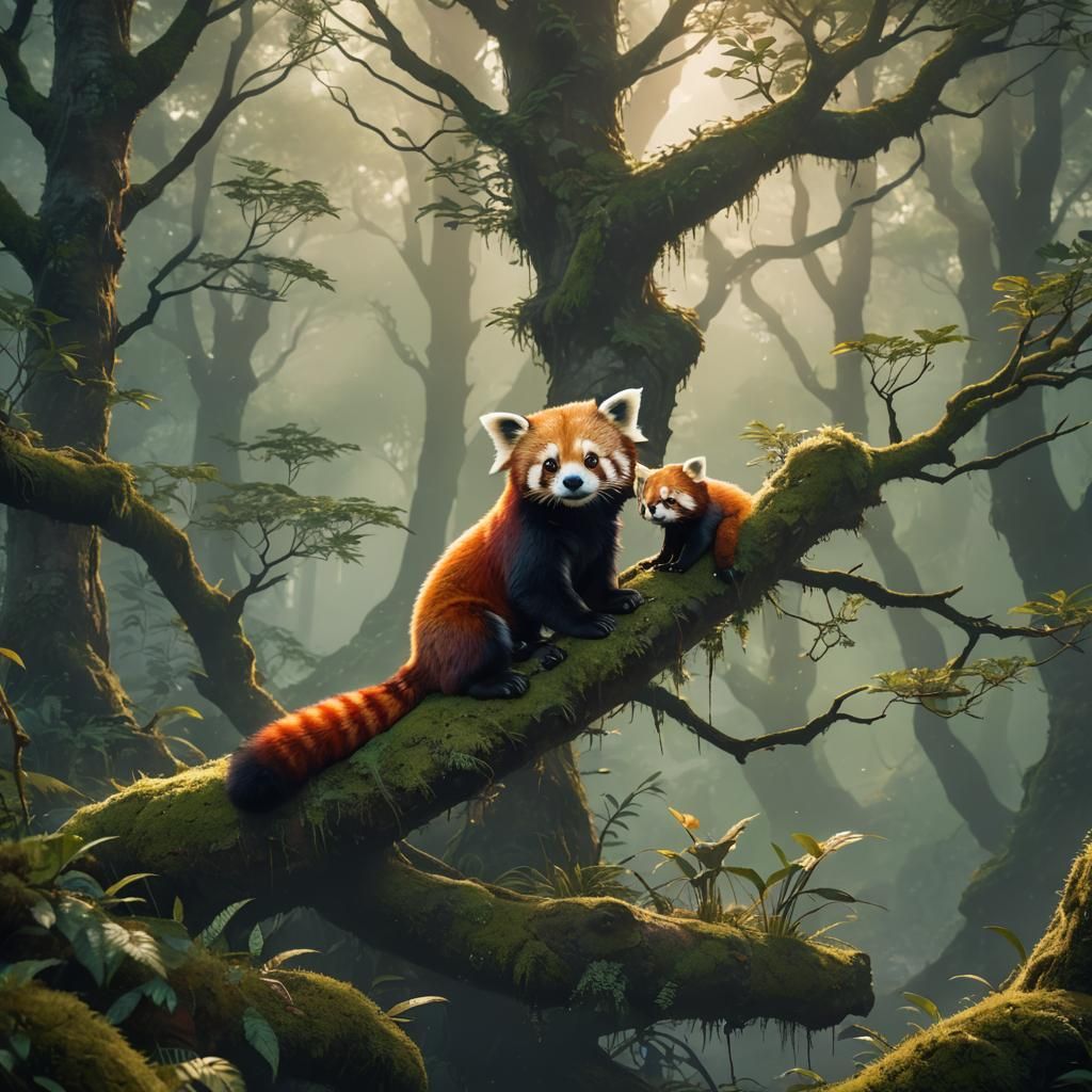 Red Panda Cuddling Cub in Misty Forest