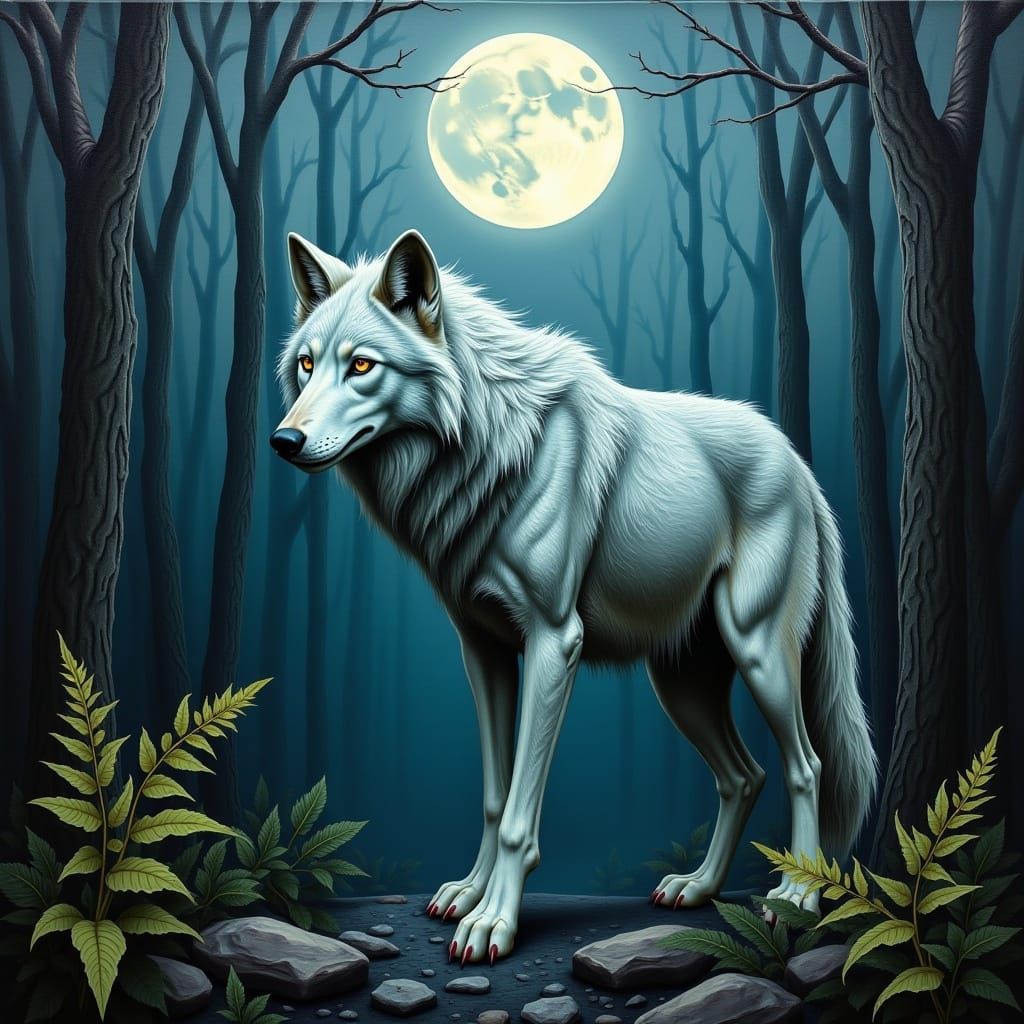 Majestic Wolf in Moonlit Forest: Surreal Fantasy Art