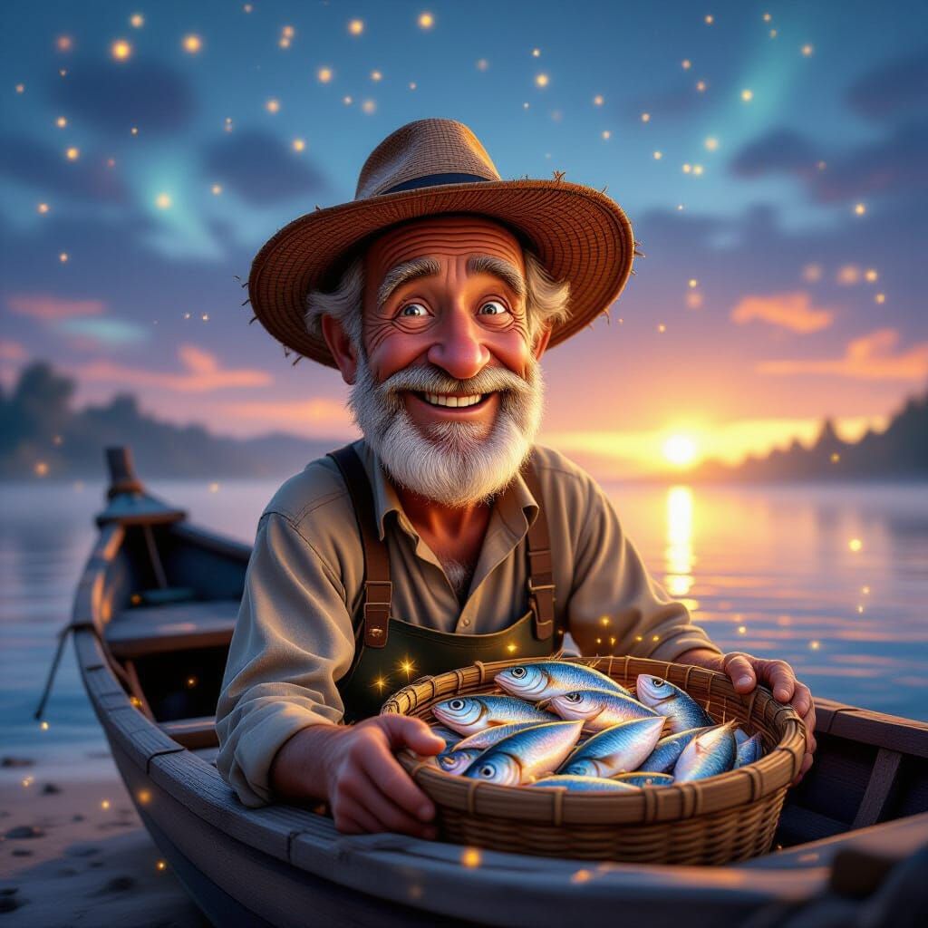 Joyful Fisherman with Celestial Fish at Dawn