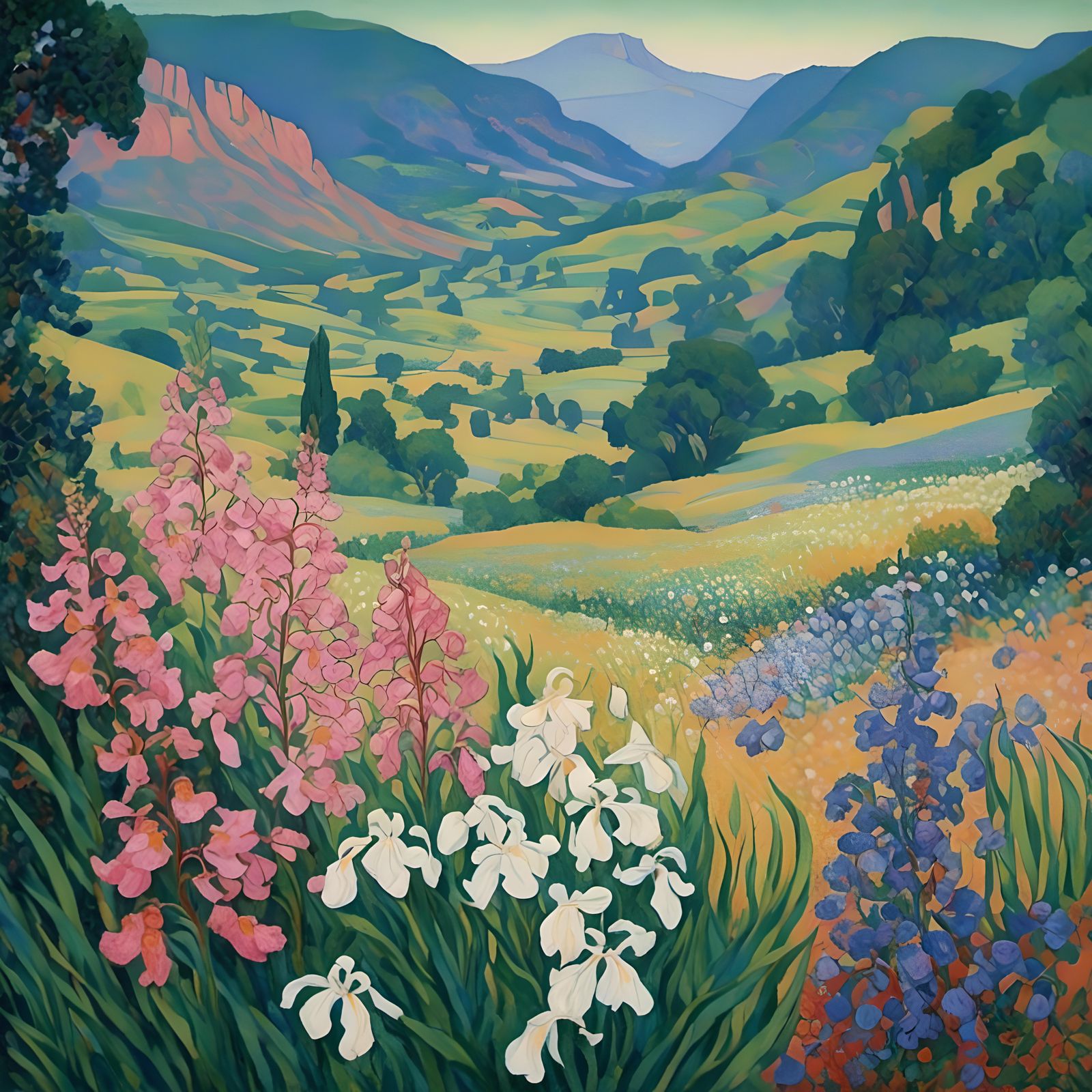 Pointillist Meadow with Cosmos, Lilies, and Iris