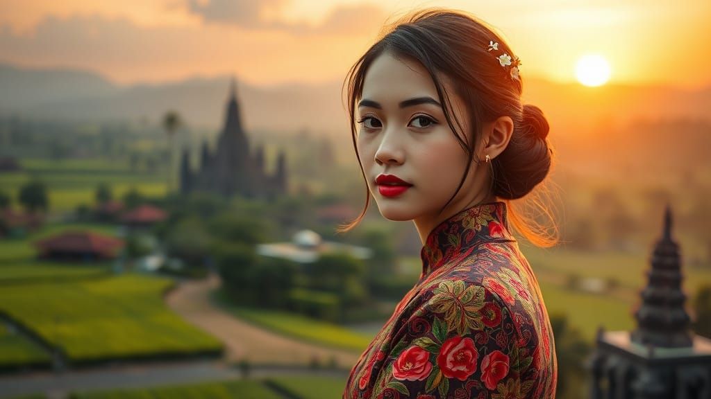 A Young Javanese Woman in Majestic Kebaya with Intricate Bat...