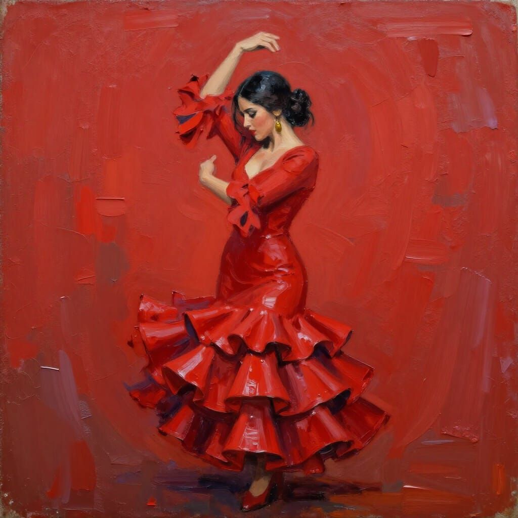 Flamenco Dancer in Red Dress, Impasto Painting Style