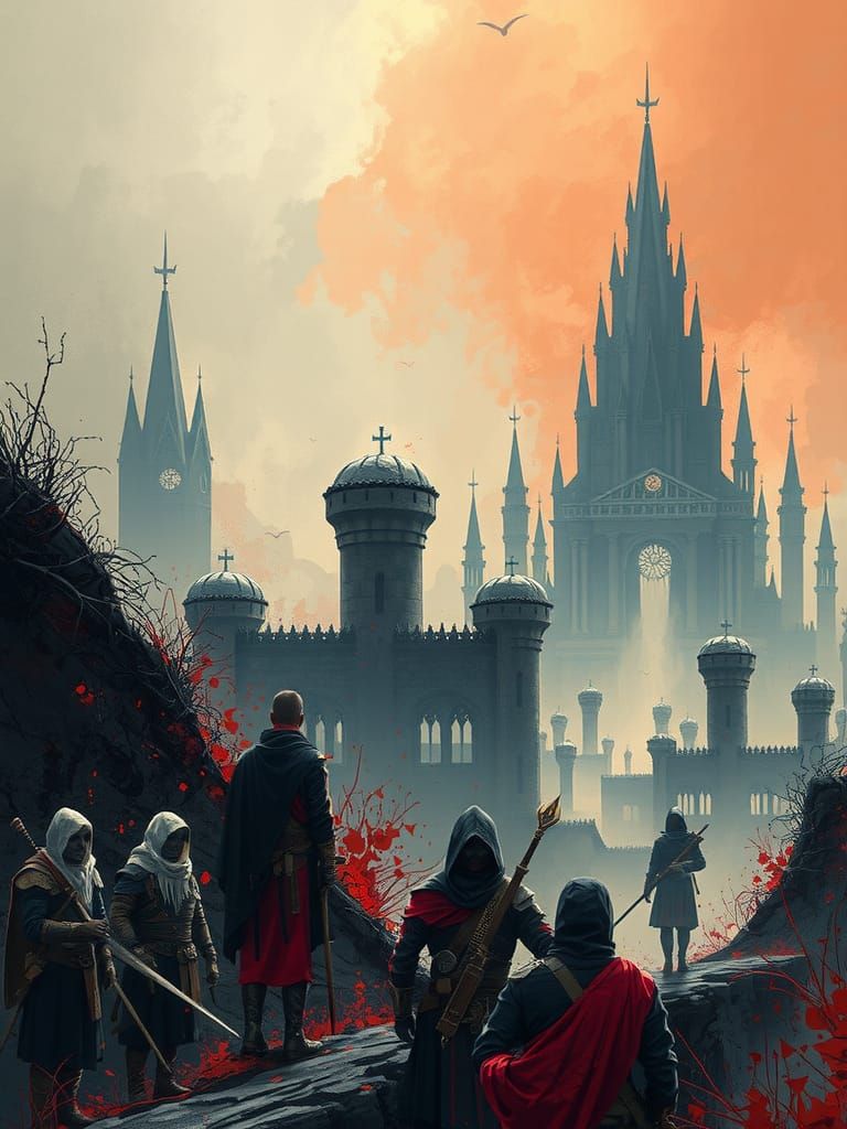 Fantasy Adventuring Party at Edge of Desolate City