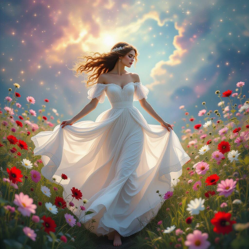 Ophelia in Cosmic Nebula, Pre-Raphaelite Style