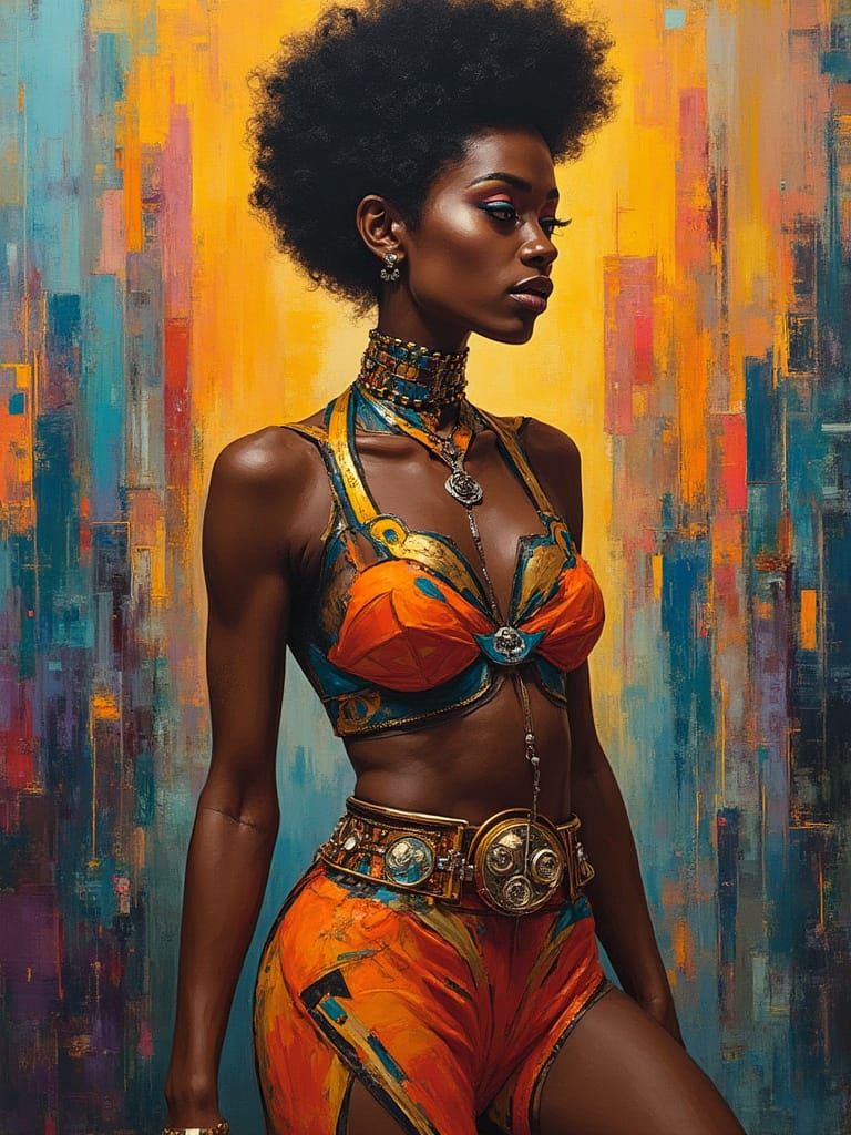 Afrofuturist Woman in Cubist Cityscape