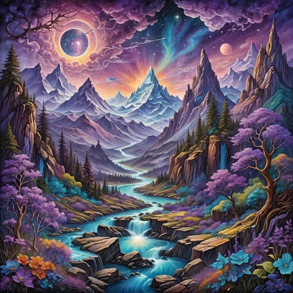 Purple Fantasy Landscape with Aurora Borealis