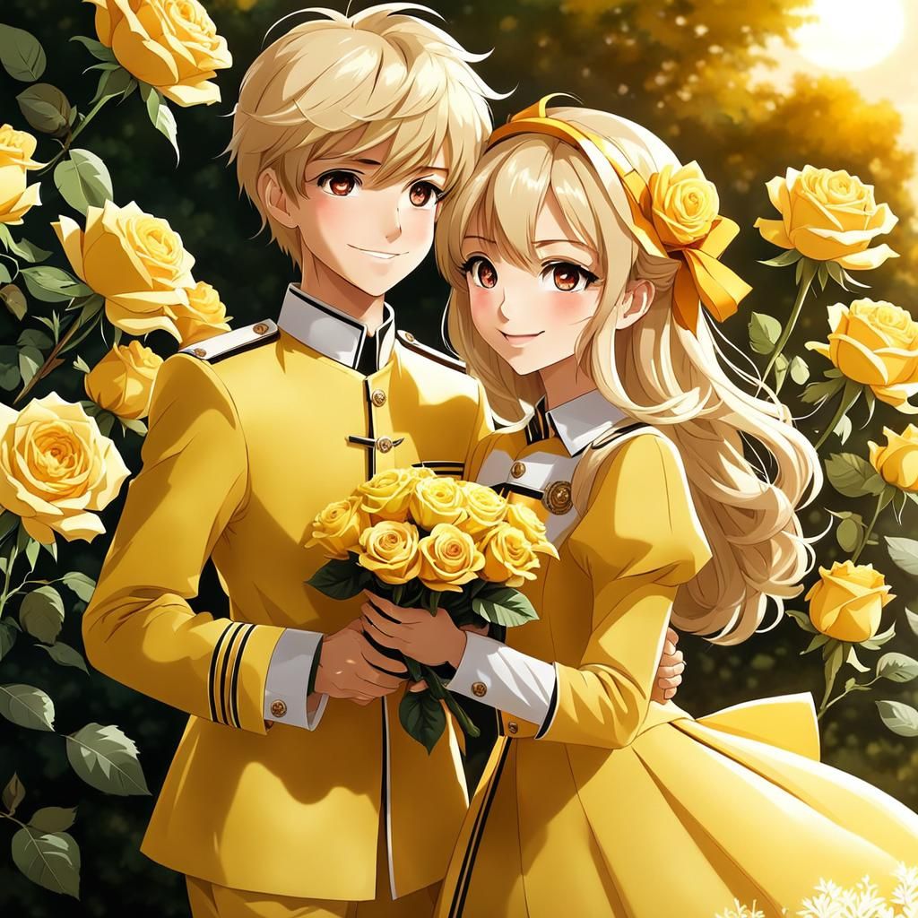 Cheerful Siblings in Yellow Rose Garden, Anime Style