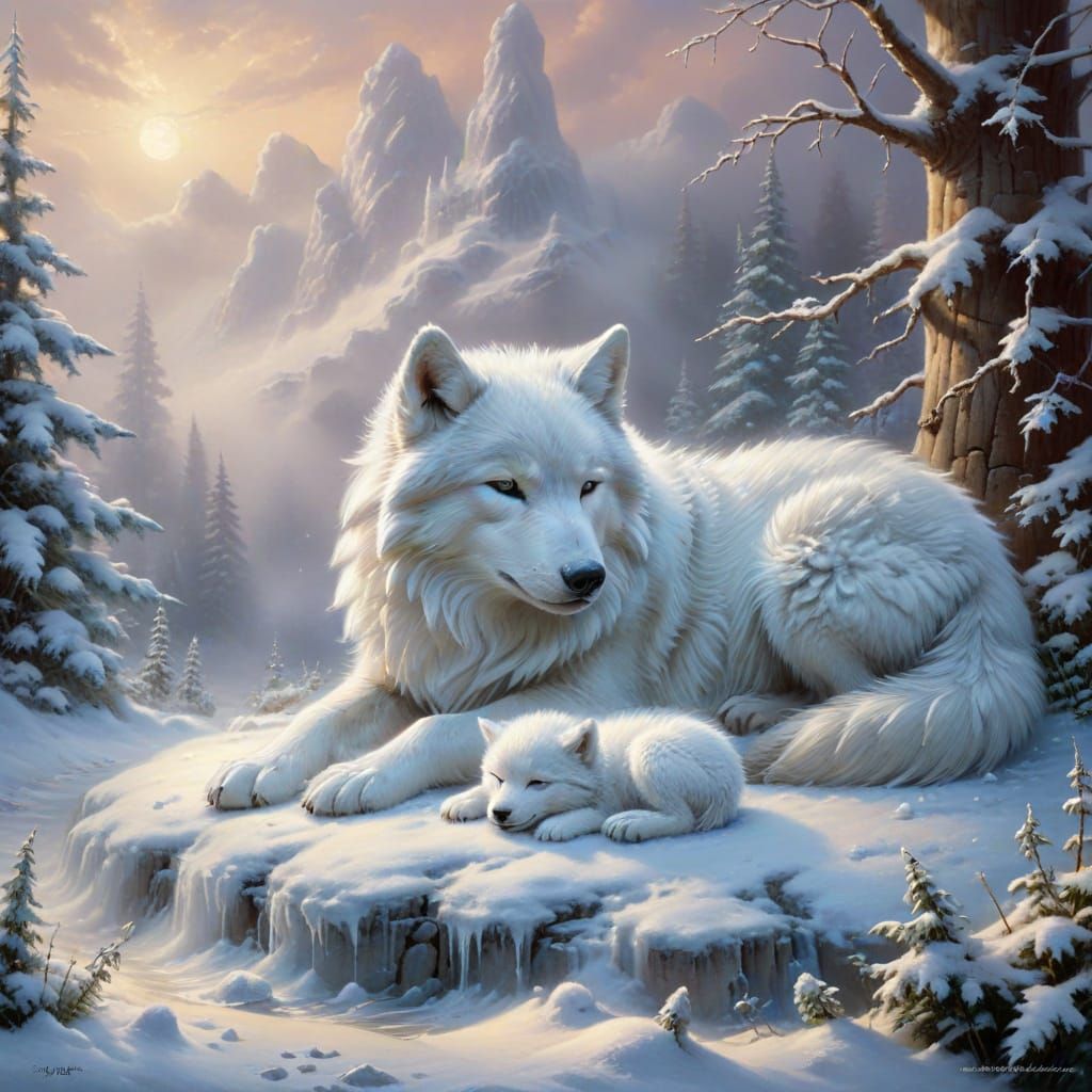 Ethereal Fantasy Baby Snow Wolf Sleeps Beside Snowman