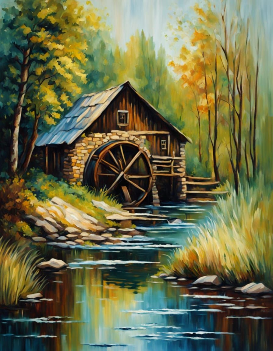 Rustic Waterwheel in Serene Woods, in Impressionist Oil Pain...