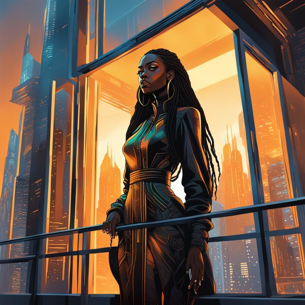Cyber-Futuristic Woman on City Balcony