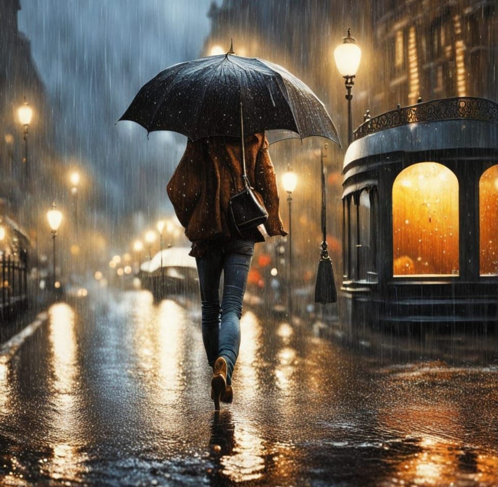 Whimsical Rainy Night Landscape, Highly Detailed