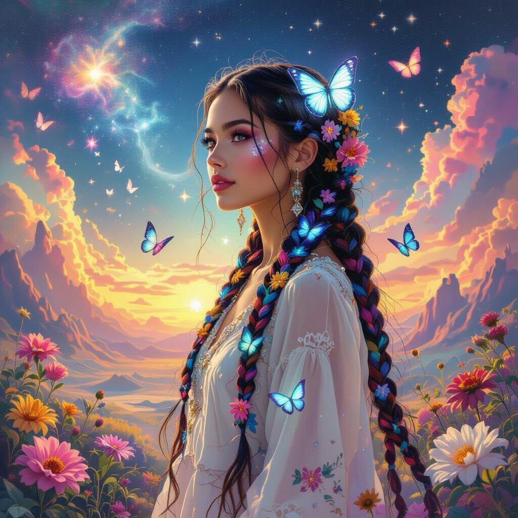 Woman with Bioluminescent Butterflies in Dreamscape, Surreal...