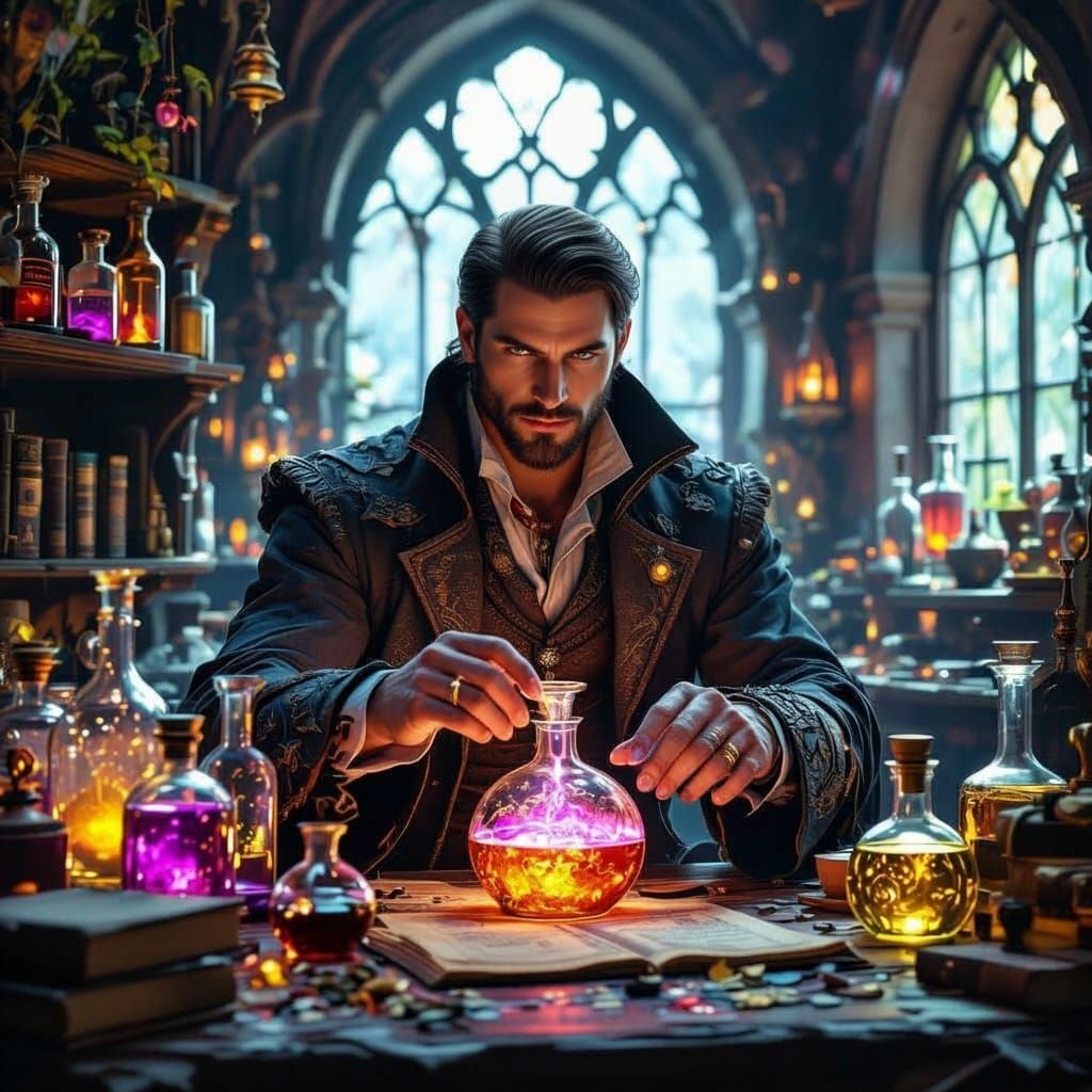Handsome Wizard Crafts Magic Potions in Detailed 3D