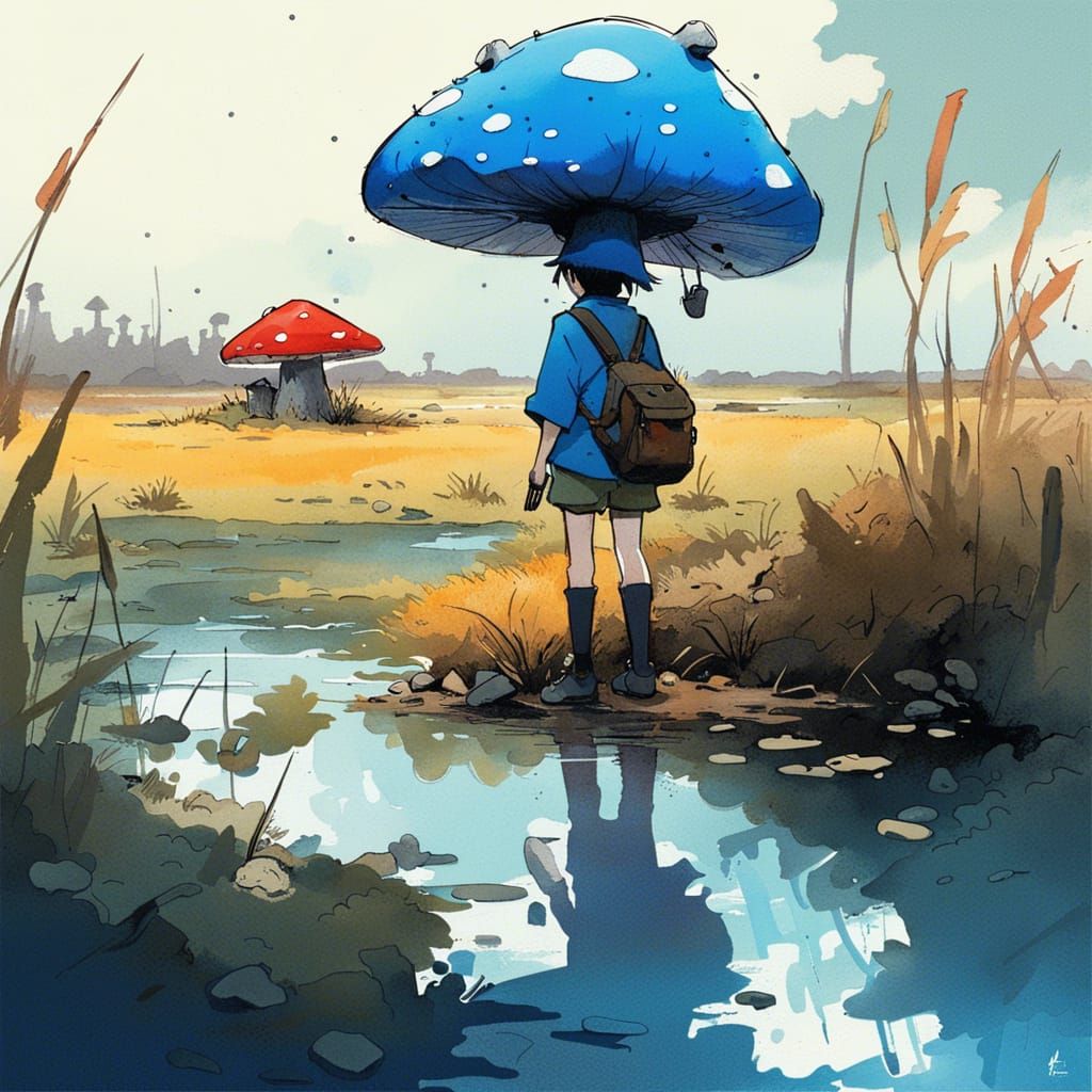 Blue Toadstool in Hawaiian Marshland, Anime Style