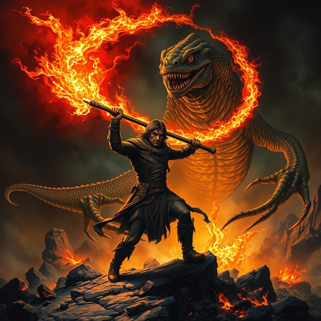 Dark Fantasy Warrior Battles Lizard Monster in a Scorched La...