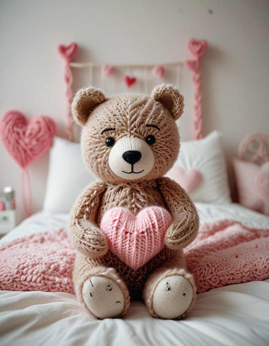 Cute Knitted Bear Holds Heart in Cozy Girl Bedroom