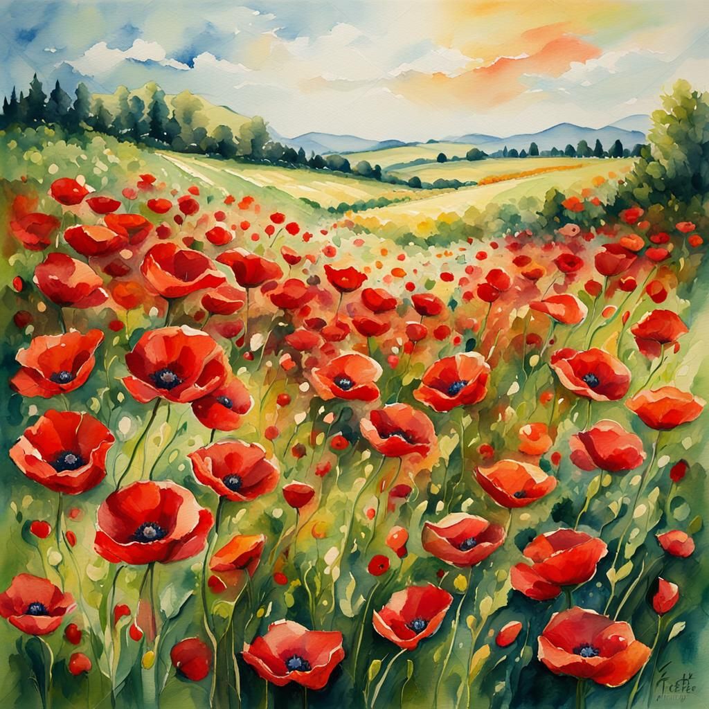 Red Poppies Field in Watercolor Impressionism
