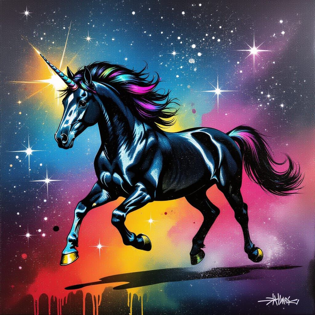 Black Unicorn Runs Across Starfield in Graffiti Art Style