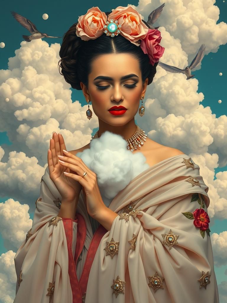 Frida Kahlo in Cloud Gown Amid Surreal Sky