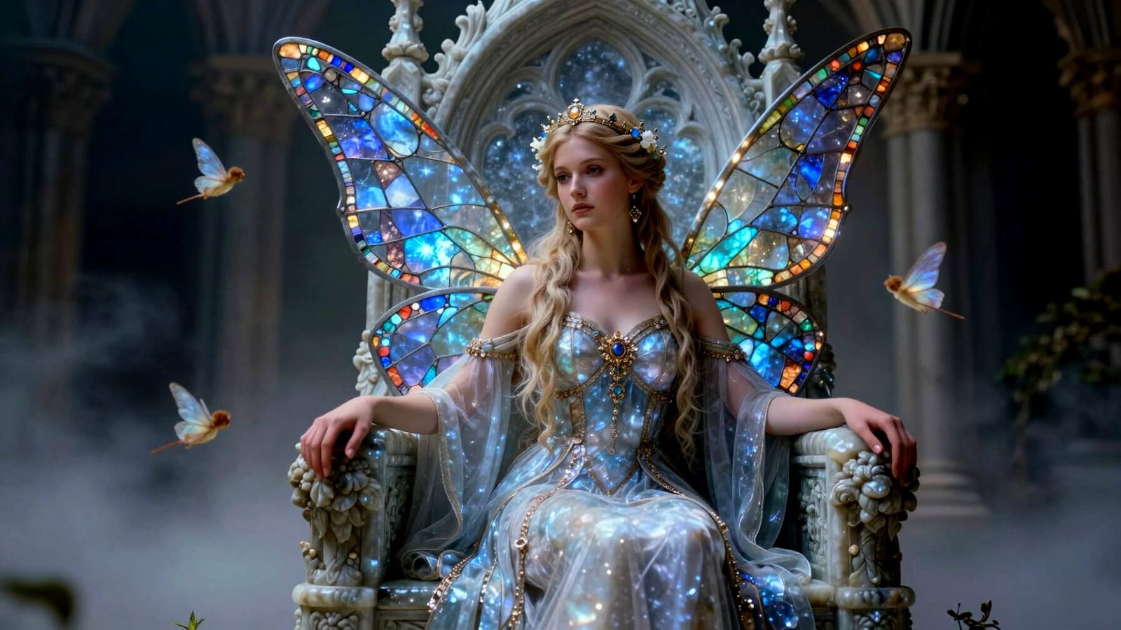 Fairy Queen on Moonstone Throne with Stained Glass Wings