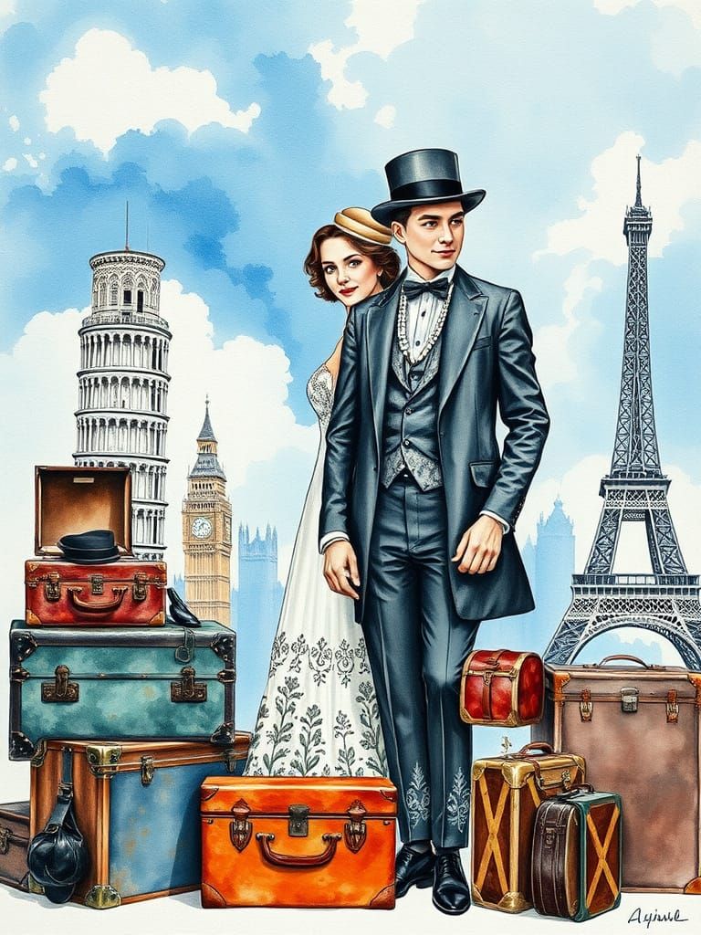 Romantic Vintage Couple in Dreamy Watercolor Landscape