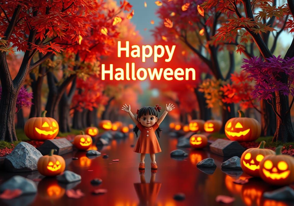 Festive Halloween Scene in Low-Poly 3D Forest