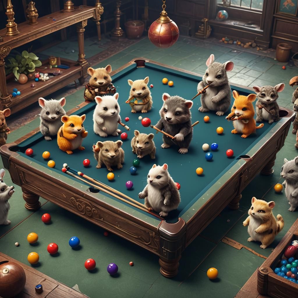 Cute Animals Play Pool: Detailed Fantasy Art