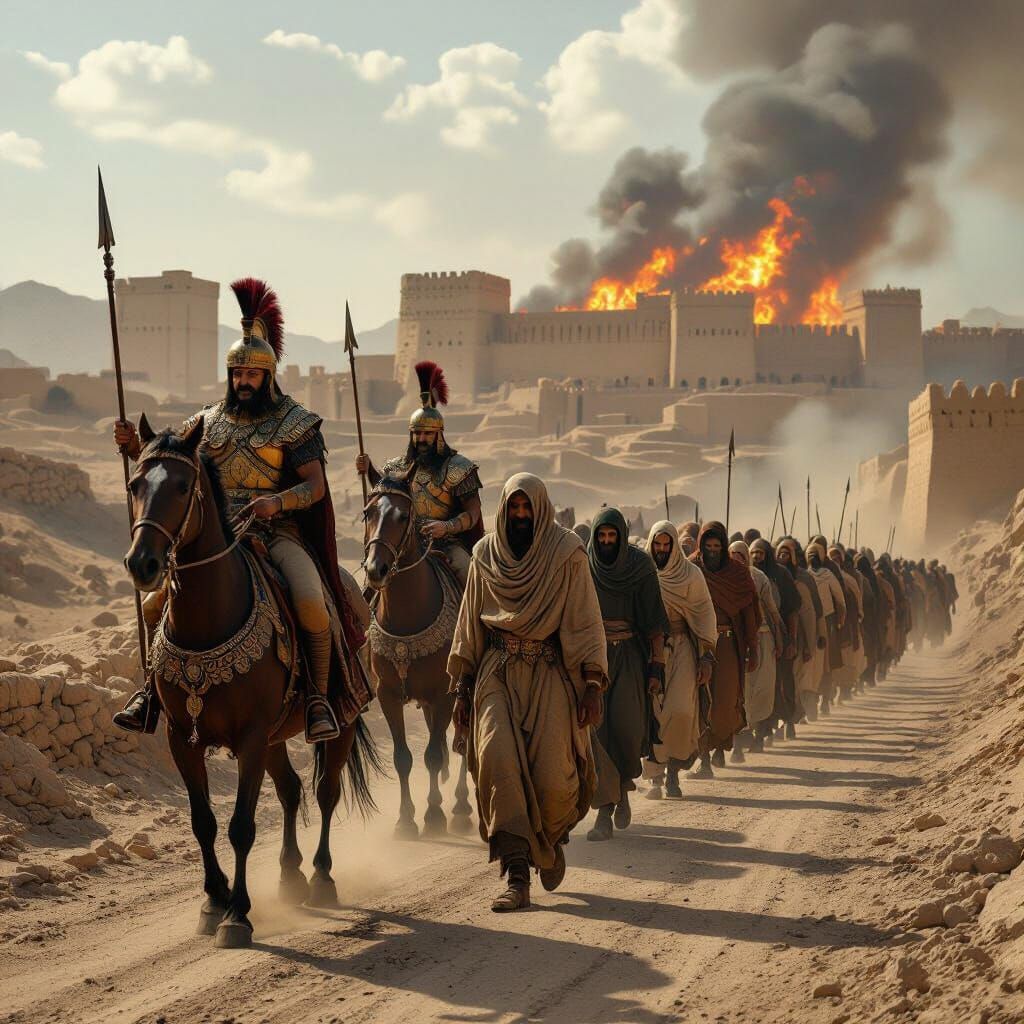 Babylonian Soldiers Lead Captives Through Burning City