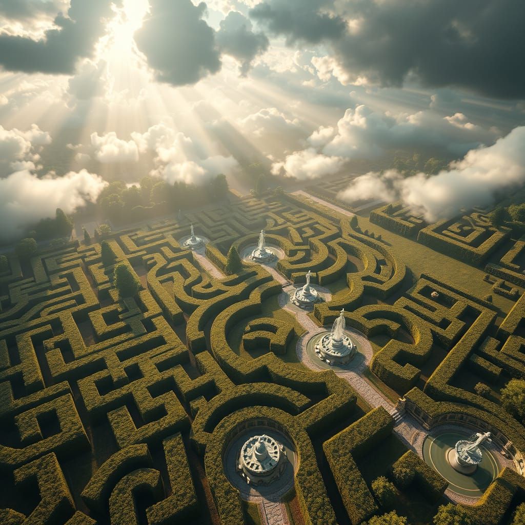 Detailed Oil Painting of Sprawling Hedge Maze