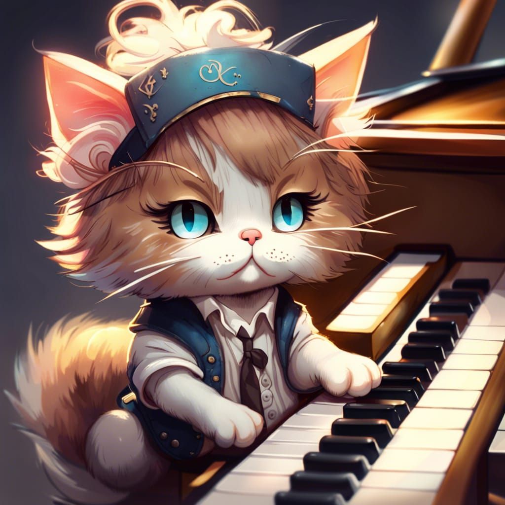 Chibi Cat Musician Plays Piano: Digital Illustration