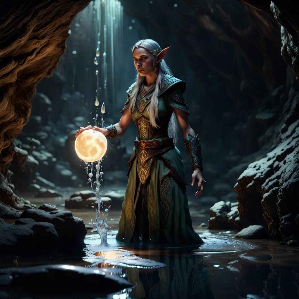 Wood Elf Cleric Forms Puddle in Dark Cave