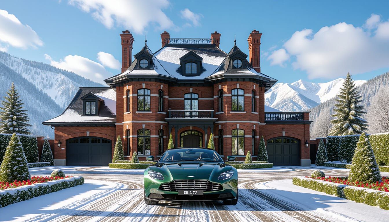 Victorian Chateau With Aston Martin In Snowy Garden