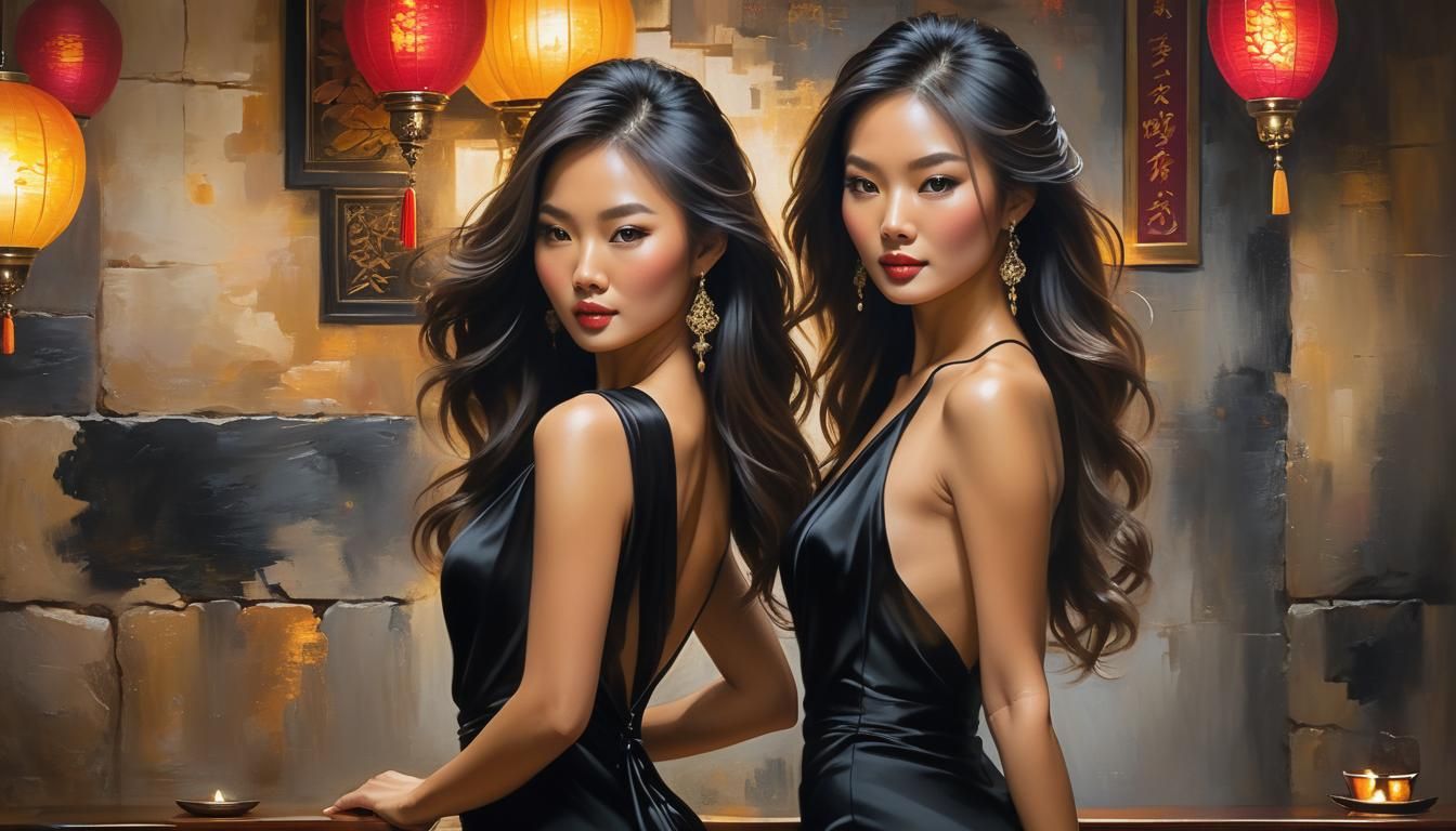 Elegant Asian Woman in Opulent Interior as Impasto Painting