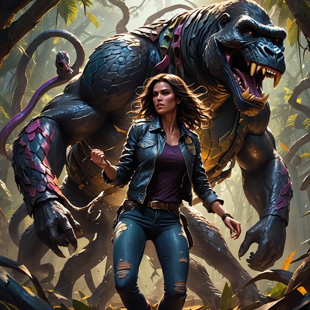 Three-Headed Snake and Brunette Fighting Gorilla